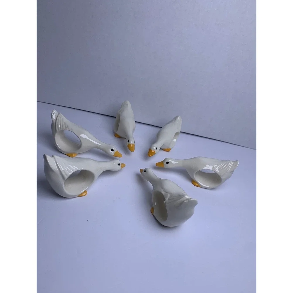 Vintage 80s Ceramic Goose Napkin Rings Set/6 White Farmhouse Country Cottagecore